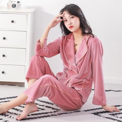 Velvet Pajamas Women Suit Sexy Lapel Sleepwear Autumn Winter Loose Nightwear Long Sleeve Tops&Trousers 2PCS Set Home Clothing