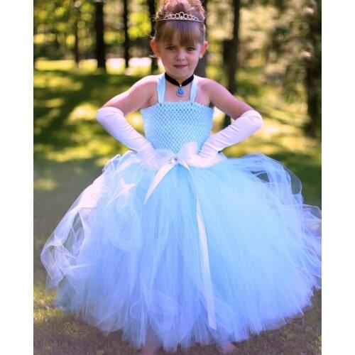 Beautiful Girls Blue Long Tutu Dress Kids Crochet Strap Tulle Dress Ball Gown with Crown Children Princess Party Costume Dress