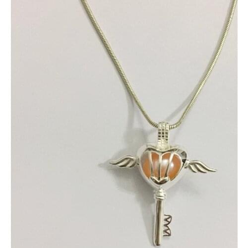 Solid 925 Silver Heart shaped Key Angel Wings Locket Cage, Can Hold Pearl Beads Pendant Fitting, Sterling Silver Cage Pendant