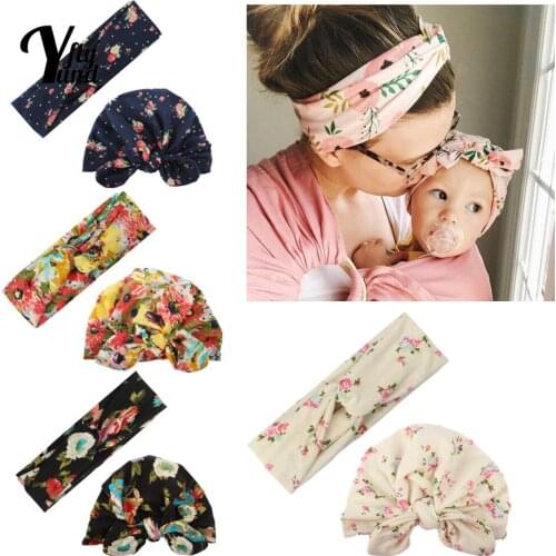 Yundfly Vintage Print Adult Hairband and Children Hat Set Cute Flower Pattern Bunny Ears Baby Cap Kids Accessories Birthday Gift
