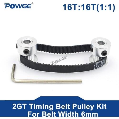 POWGE 2M/2GT 16Teeth Synchronous Timing Pulley Belt Bore 4/5/6mm Set 1:1 16T:16T Speed Ratio for 150-2GT Belt Width 6mm Kit