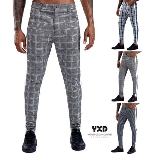 Drop shipping Men vintage Trousers Skinny Super Stretch Chino Pants Slim Fit Mens Casual Pant Plaid Grey Elastic Waist Fashion