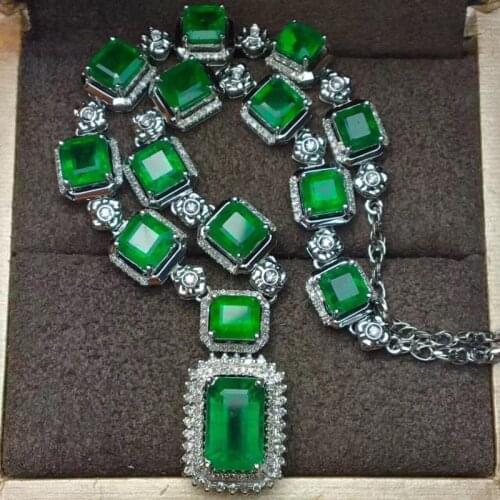 QTT Trendy Micropave Cubic Zirconia Pendant Necklace 925 Silver Green CZ Vintage Charm Choker for Women Fine Jewelry