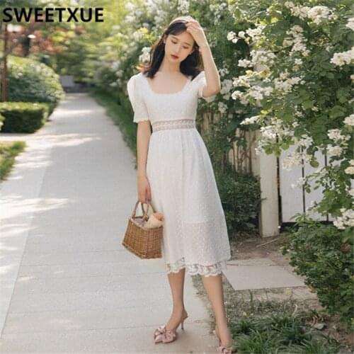 SWEETXUE Summer French Retro Girl Romantic Gentle Dress White Round Neck Puff Sleeve Lace Princess Dress Female Vestidos
