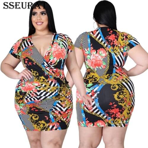 SSEURAT Plus Size Mini Dress Women Print Short Sleeve V-neck Sheath Elastic Dresses Female High Street Outfit
