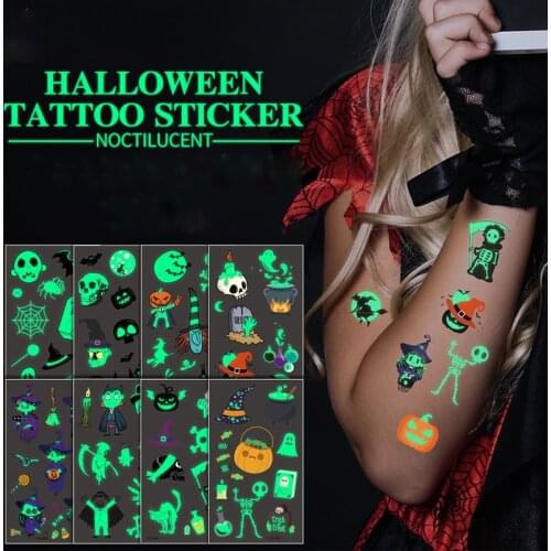 Halloween Temporary Tattoos Stickers Kids Glow Toy Spider Web Pumpkin Arm Face Fluorescent Cartoon Luminous Tattoo Stickers