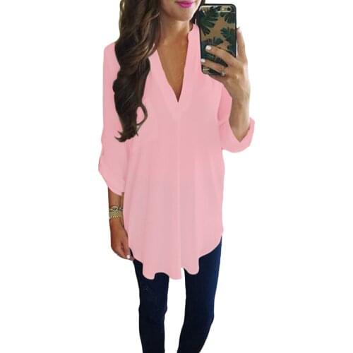 Sexy V Neck Loose Long Sleeve Chiffon Shirt Pocket Top Plus Size Women Blouse