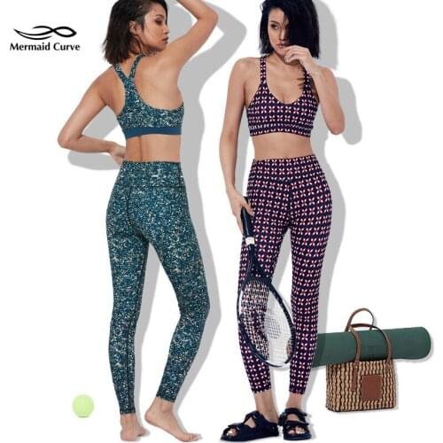 Mermaid Curve Printing Yoga Set Women High Waist Tight Fitness Pants + Beautiful Back Bra Running Quick-Drying Sports 2-Pcs Suit