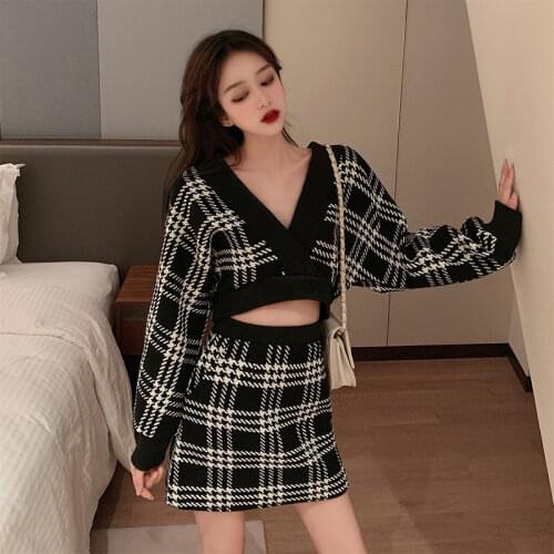 Women Fashion Outfits Two Piece Skirt Sets 2020 New Spring Black Plaid Short Crop Tops&Pencil Mini Skirt Suits 2PC Dress Sets