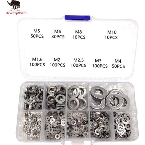 3D printer 550PCS Stainless Steel Flat Washer 304 Fastener Washer Gaskets Assortment Kit M1.6 M2 M2.5 M3 M4 M5 M6 M8 M10