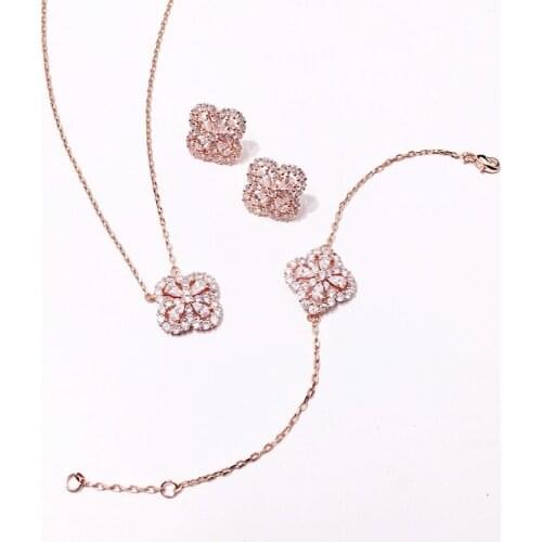 AAA Quality Luxury Sets Jewelry Full CZ Zirconia Flower Pendant Necklace/Earrings/Bracelet Cute Clover Sets For Women