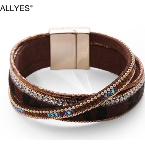 ALLYES Bohemian Beige Leopard Genuine Leather Bracelets for Women Fashion Rhinestone Wrap Bracelet Bangle Female Jewelry Gifts