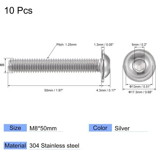 Uxcell M8x50mm 304 Stainless Steel Flanged Button Head Socket Cap Screws 10pcs
