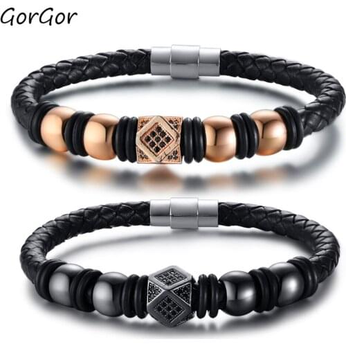 GorGor Simple Accessories Leather Bracelet Black Rose Gold Color with Braided Rope Bracelet for Fashion Men Jewelry Gift BL-480