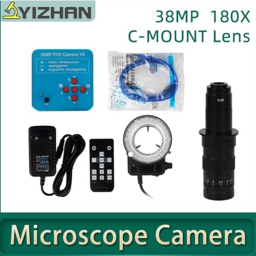 Digital Video Microscope Camera HDMI VGA 38MP 16MP 1080P 180X C mount lens LED Ring Light for PCB Soldering Repair Video output