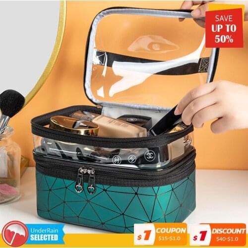 Double-layer Waterproof Makeup Bag Large Capacity Beautiful Visual Make Up Box Toiletries Easy Storage Cosmetic Organizer