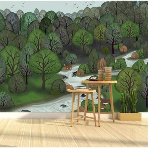 Customized 3d wallpaper cartoon forest creek elk background wall high-grade waterproof material