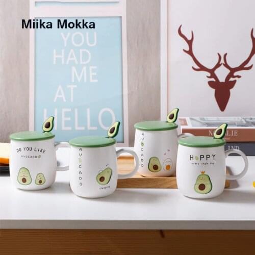 Avocado Ceramic Cup 420ml Japanese Style Cute Cartoon Cup Water Cup with Lid Spoon Couple Mug Custom Coffee Cup Milk Juice Cup