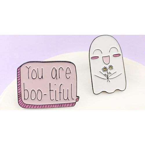 Lovely White Smiling Ghost “You Are Boo-tiful ” Badge Student Korean Pink Cute Canvas Packaging Decoration Brooches Pins