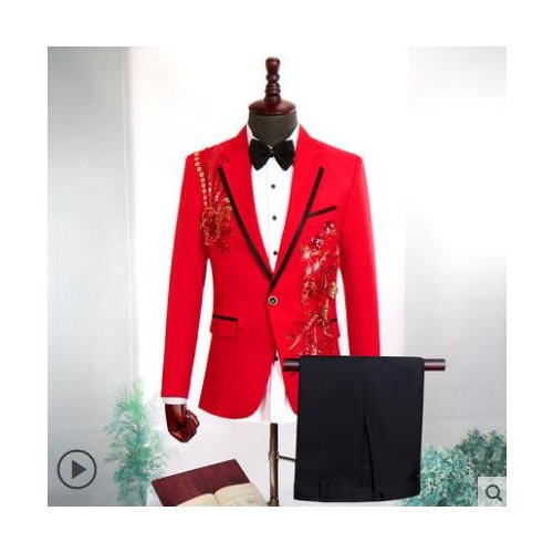 Fashion stage Sequin flower clothing men groom suit set with pants 2020 mens suits costume singer wedding formal dress red 2XL