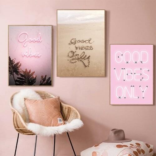 Good Vibes Only Quote Print Neon Lights Sign Inspirational Poster Pink Positive Quotes Wall Art Canvas Painting Home Room Decor