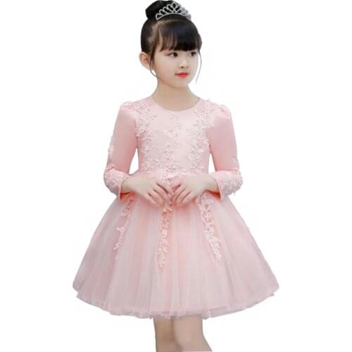 New Baby Girls Dresses Kids Long Sleeves Satin Lace Embroidery Tulle Party Dress Formal Girls Clothes