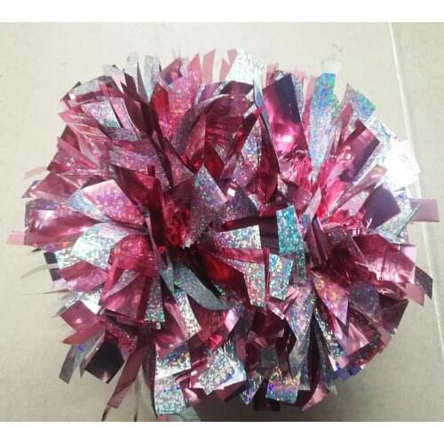 Cheerleader Pom poms 6" Baton Handle Metallic pink with Holographic Silver 1 piece