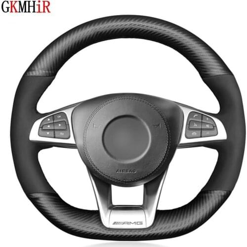 Hand-Stitched Black Carbon Fiber Suede Car Steering Wheel Covers For Mercedes-Benz A 45 C E S 43 63 CLA AMG CLS SLC GLA GLE GLS
