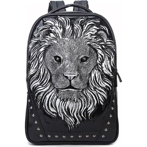 3D Pu punk backpack male animal lion head backpack cool travel computer bag Head Design PU Good quality