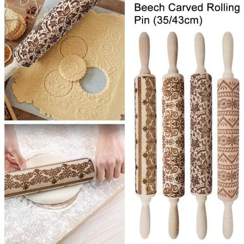 35/43cm Christmas Embossing Rolling Pin Baking Cookies Noodle Biscuit Fondant Cake Dough Engraved Roller Reindeer Snowflake
