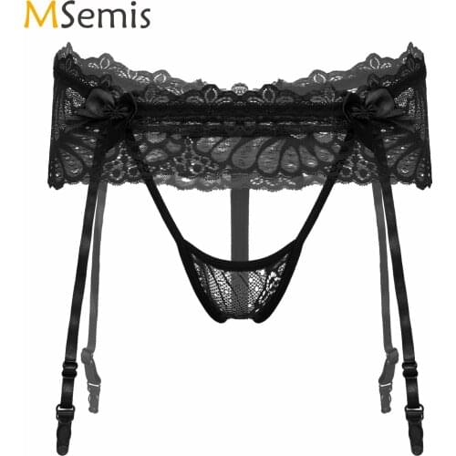 Mens Lingerie Lace Skirted Thongs Panties G-String Sissy Underwear Hollow OutBowknot Crotchless T-Back Adjustable Garter Belt