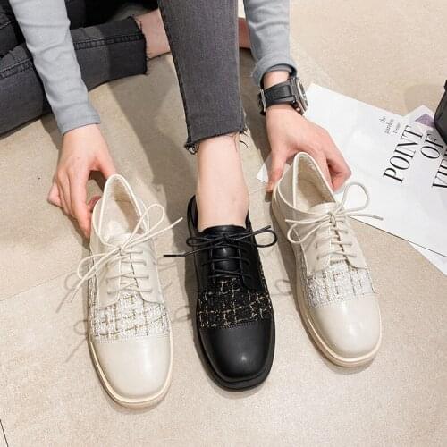 Women Chunky Heels Shoes Square Toe Lace Up Oxford Patchwork Bullock Shoes Casual Loafers Big Size Slides Pumps Black Beige