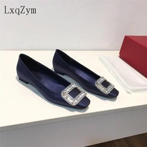 Women Evening formal Dress Rhinestone Shoes Loafers Casual Prom Wedding Party Slik Square Buckle Square Head Shoes