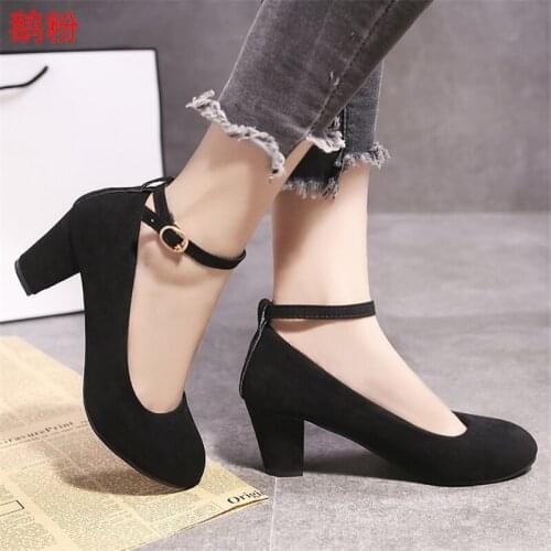 Women 2019 spring and autumn new thick heel round head high heel 5CM shoes waterproof platform buckle belt sexy single shoes