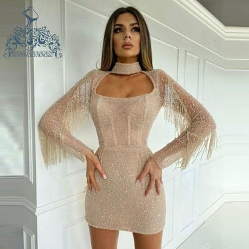 Unique Khaki Long Sleeves Tassel Short Cicktail Dress Sparking High Neck Seqions Lace Mini Prom Party Dresses Luxury Beaded