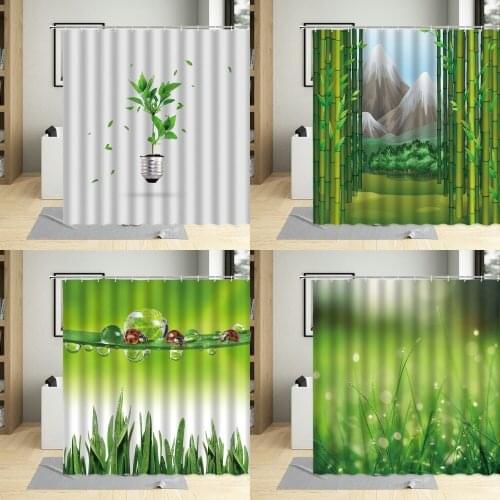 Spring Green Grass Plant Shower Curtain Bamboo Forest Printing Bathroom Decor Waterproof Sheer Home Curtains With 12 Hooks