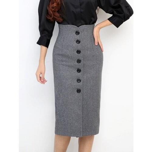 Thick Wool High Waist Skirts Womens 2021 Autumn Winter Vintage Button Package Hip elegant office Lady Pencil Skirt Woman Skirts