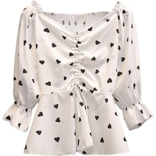 PERHAPS U Women Elegant Sweet Summer Chiffon Heart-Shaped Print Bow Drawstring Flared Sleeves V-Neck Ruffle Skirt Blouse B3079