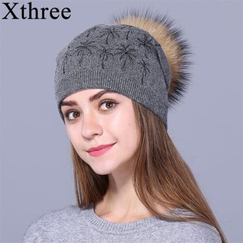 Xthree Womens Winter Hat Cashmere Beanies Hat for Women Gorros Wool Knitted Hat real fur pom pom hat Female Hats For Girl