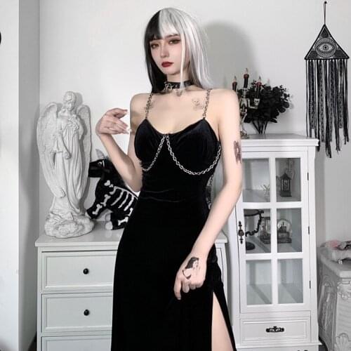 Chain Velvet Gothic Dresses 2021 Summer Off Shoulder Backless Bodycon Dress Cotton Split Streetwear Metal Strap Dress for Women