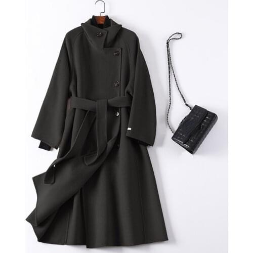 2021 High Quality Coat Autumn Double-faced Woolen Coats Female Spring Black Long Jackets with Belt Korean Casaco Feminino Gmm117