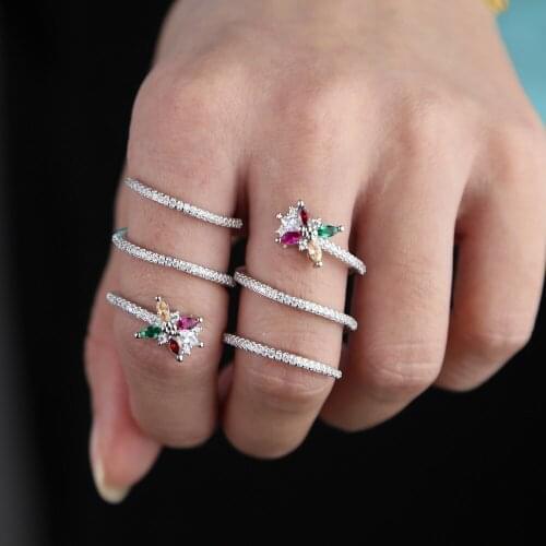 Silver color cz ring for women drop shipping rainbow cz flower Multi wrap trendy 2020 spring new arrived finger rings