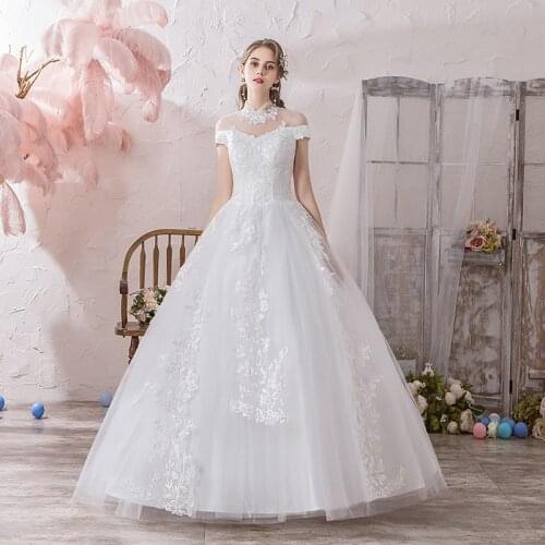 Wedding Dresses Illusion High Short Tulle Lace Luxury White Elegant Embroidery Button Floor-Length Vintage Lady Bride Gown GB015