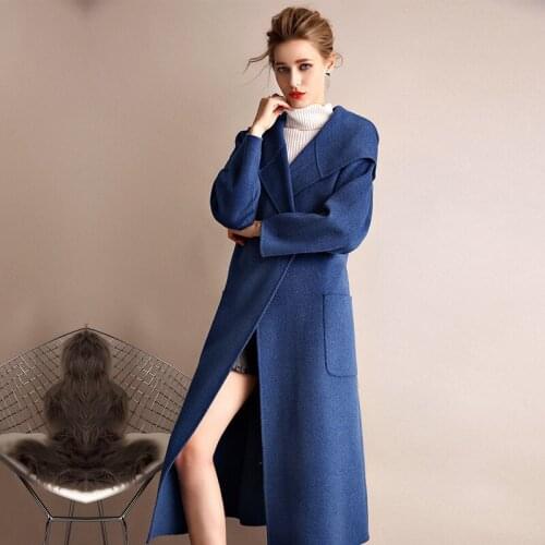 Women s winter coat blue hooded Double sided wool cashmere outwear 2019 autumn plus size ladies fashion overcoats long free ship