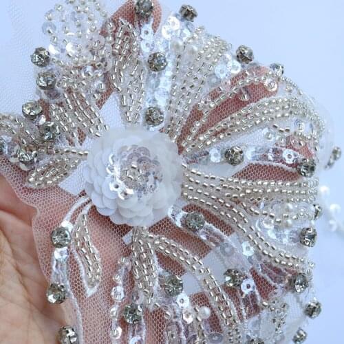 1pair luxury beaded embroidery lace appliques for wedding dresses Rhinestone lace applique patches Embroidery lace parches ropa