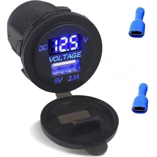 12V 24V Volt Meter BLUE LED Digital Waterproof Voltmeter with 5V 2.1A USB Car Charger for Golf cart Motorcycle BOAT SUV BUS