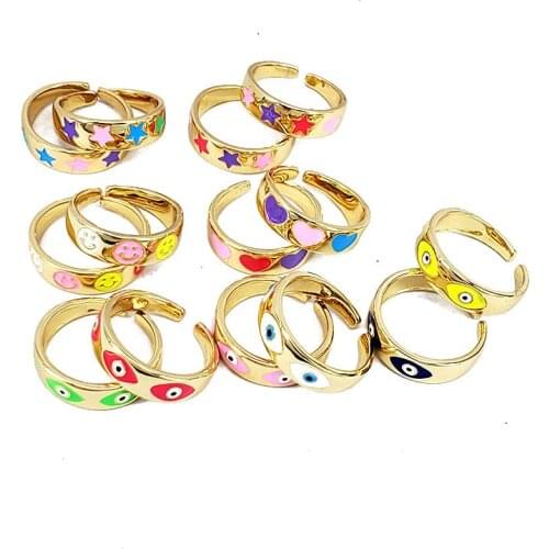 8Pcs Gold Plated Multi Color Enamel Colorful Smiley Smile Happy Face Stackable Open Rings for Women Ladies