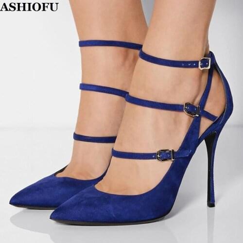 ASHIOFU Handmade Ladies High Heel Pumps Simple Style Buckle Straps Party Prom Dress Shoes Daily Wear Large Size Fashion Shoes