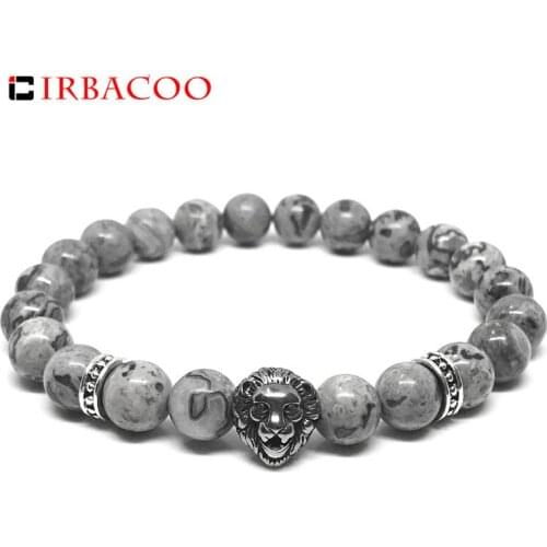 IRBACOO 2020 Fashion Lion Bracelet Men 8mm Natural Marble Stone Stainless Steel Charms Bead Bracelet For Men Jewelry Gift