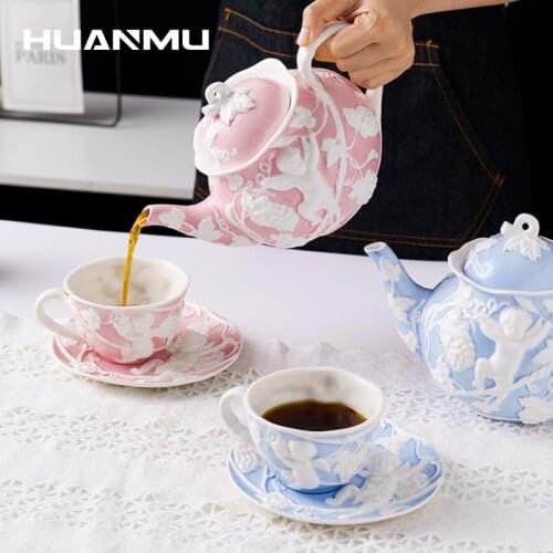 British Teacup Retro Embossed Cafe Coffee Cup Saucer Kettle Set Restaurant Home Decor Palace Style Angel Afternoon Tea Tableware